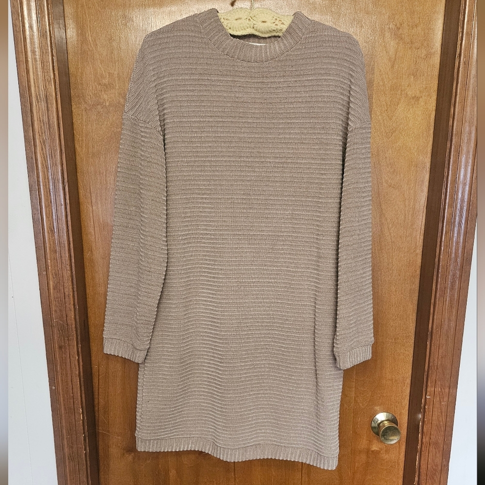 Cozy Ribbed Tunic Sweater Dress in Taupe